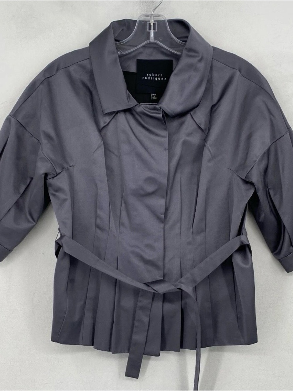Robert Rodriguez Charcoal Satin Short-Sleeve Belted Jacket size 6